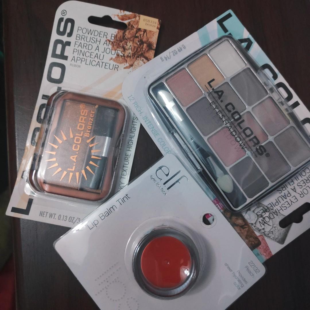 [SALE] Sunkissed Glam on a Budget Makeup Bundle (Category: Makeup) located in Manila. Submitted by ceelukban (Listing ID 196094214, Image 1). Description: 🏷️ BRAND: ELF Cosmetics, LA Colors 📏 SIZE: in picture, all full size 👌 CONDITION: Brand New and Sealed. Never used. Authentic. Bought it from the States. BUNDLE PRICE : 320 ONLY Can be separately sold. Please visit my page for more details. 1. ELF Lip Balm Tint in Peach 2. LA Colors Eyeshado