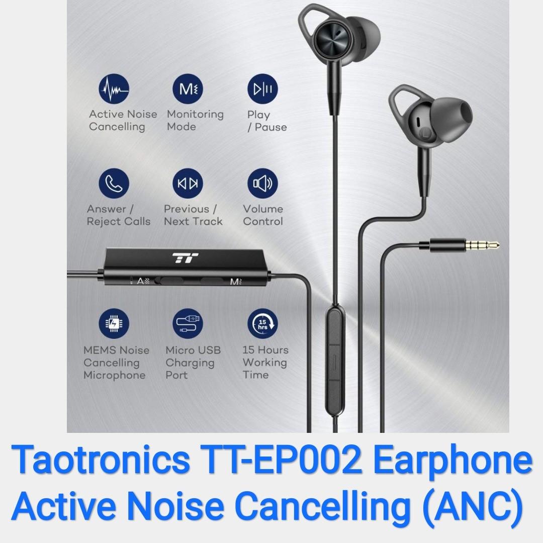 TaoTronics Active Noise Cancelling Headphones Wired Earbuds in Ear Stereo Awareness Monitor Earphones with Microphone and Remote 15 Hours Playtime 3.5mm Jack Premium Aluminum Matte Black Audio Headpho...