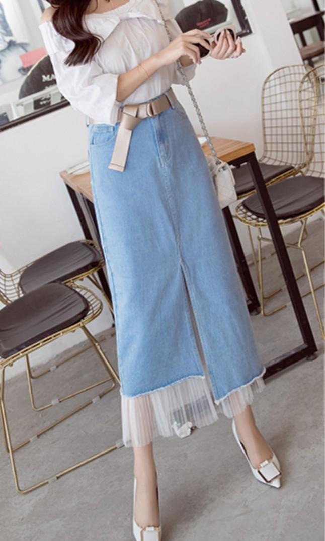 Denim Long Skirt With Lace Women S Fashion Clothes