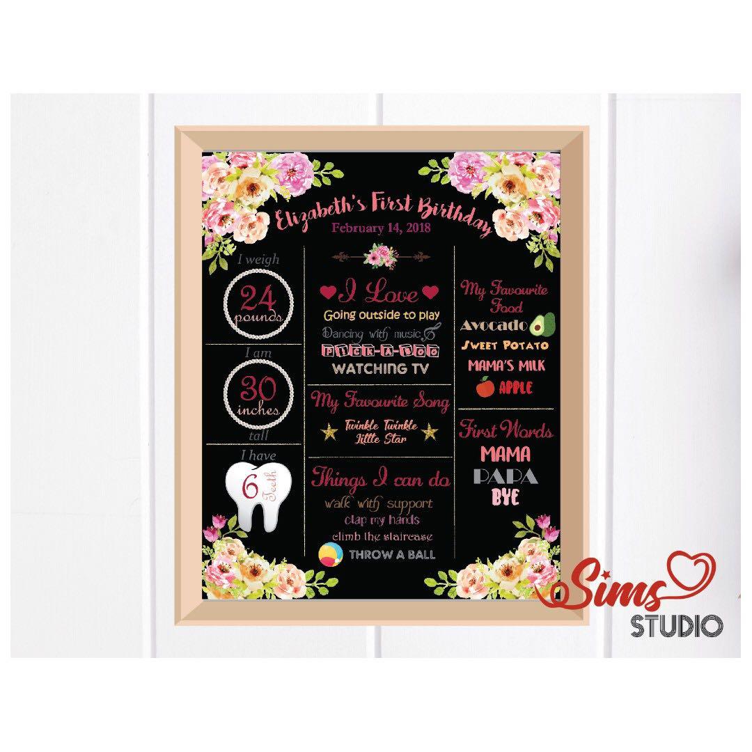Pink Boho Flowers Black Birthday Chalkboard Baby Girl First