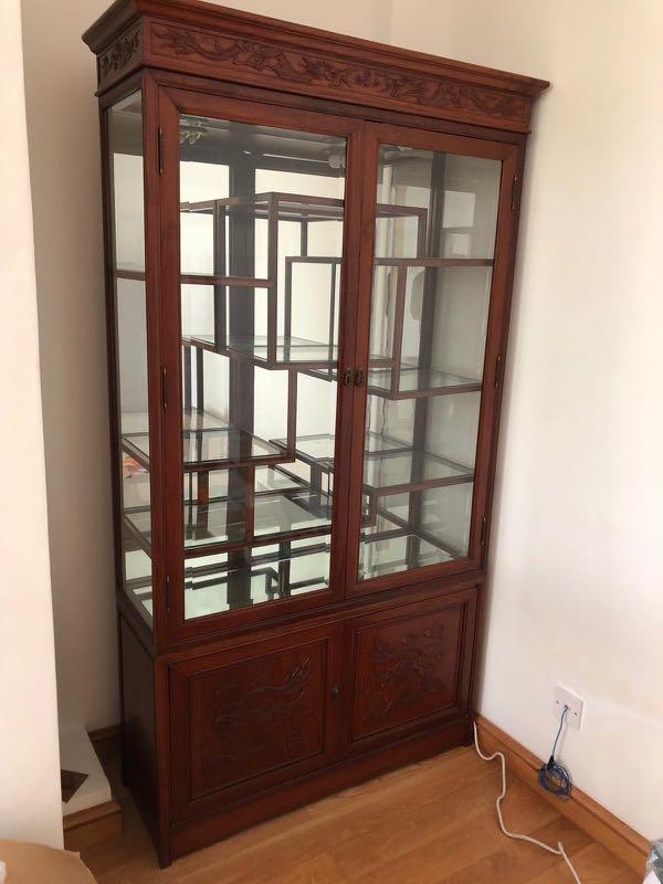 Rosewood Dragon Display Cabinet With Mirror And Light