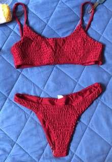 Red ribbed swimsuit bikini set
