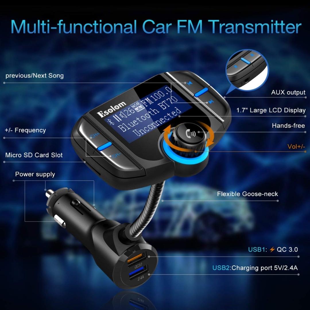 BT70 Bluetooth FM Transmitter for Car, 1.7 Screen Wireless Radio Adapter  Handsfree Car Kit with QC3.0 & 5V/2.4A Charging, Support USB Drive,  microSD, AUX EQ, Car Battery Reading 