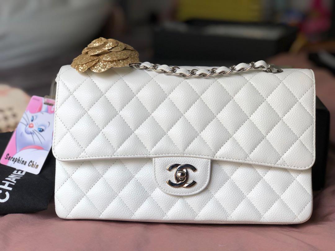 Chanel caviar medium double flap white / BLANC silver hardware bag, Luxury,  Bags & Wallets on Carousell