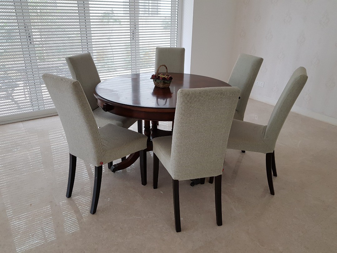 Solid Wood Expandable Round Table with 6 Chairs, Furniture & Home