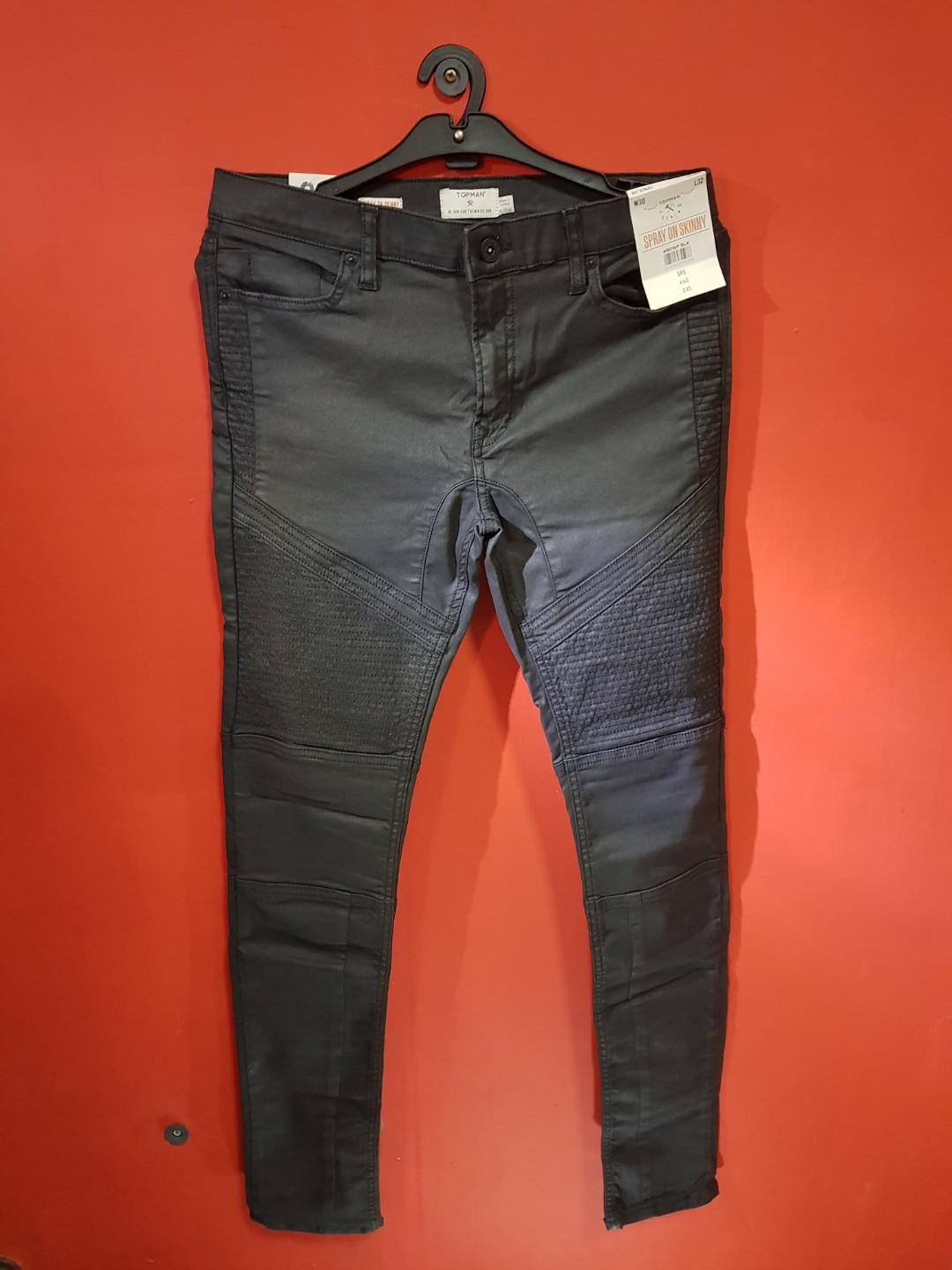 Topman Black Leather Look Biker Spray On Jeans Men s Fashion