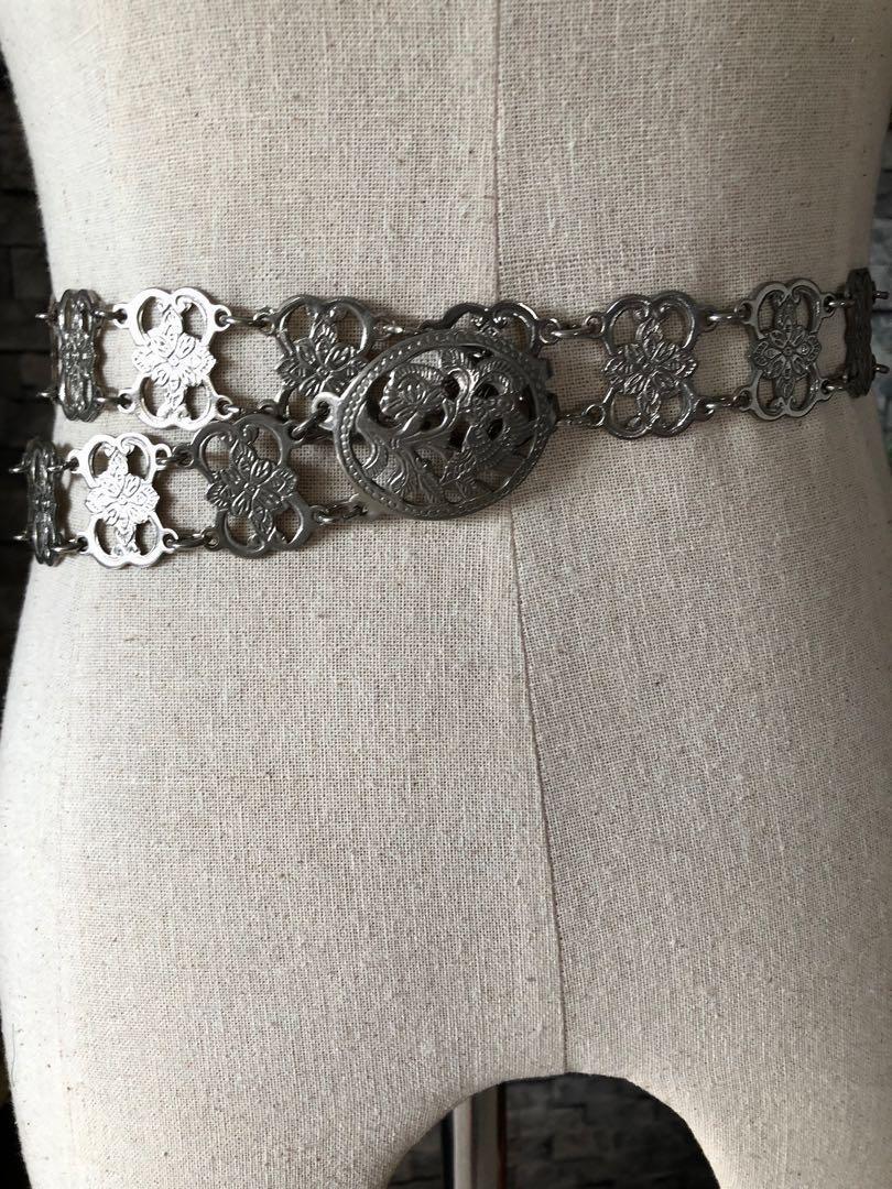 Vintage silver tone Peranakan intricate chain belt Women s