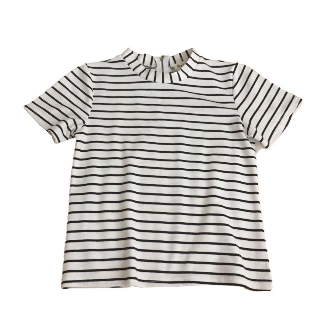 black and white striped mock neck top