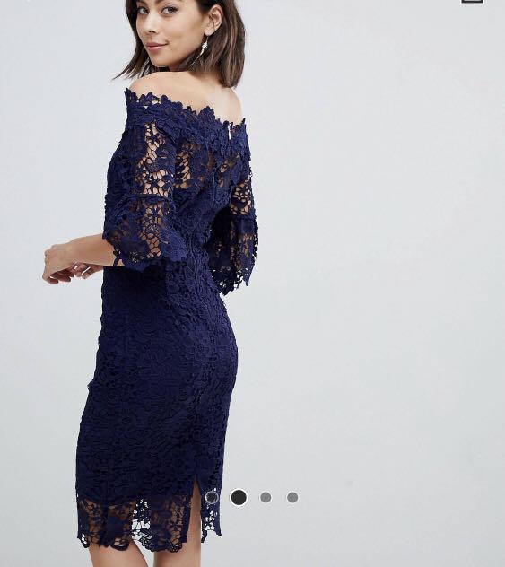 Paper dolls off shoulder crochet dress will frill sleeve in navy