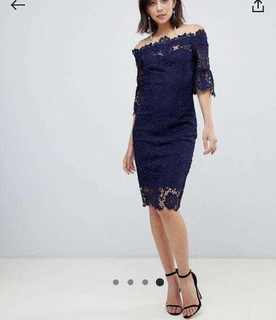 Paper dolls off shoulder crochet dress will frill sleeve in navy