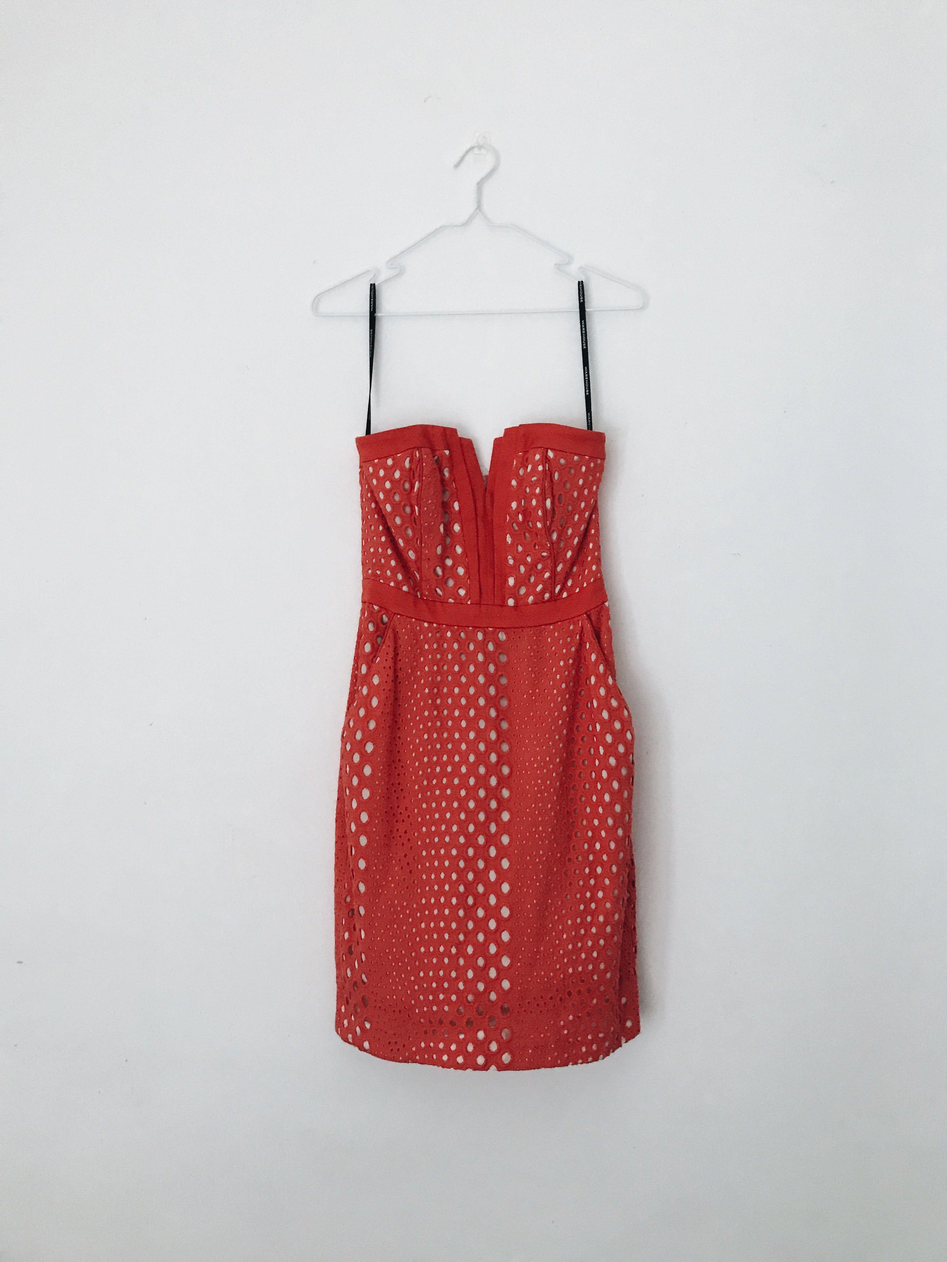 WAREHOUSE coral eyelet spotlight dress