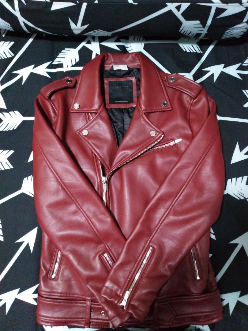 Zara Men Red Leather Jacket, Men's 