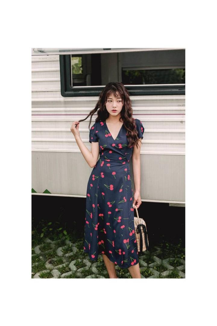 Lexi Lyla Cherry Print Wrap Dress Women S Fashion Tops Sleeveless On Carousell