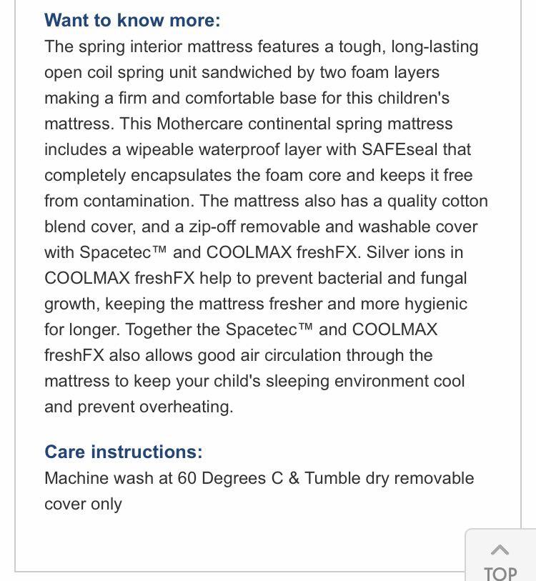 Mothercare 60 x 120cm Cot Spring Mattress, Babies & Kids, Baby Nursery