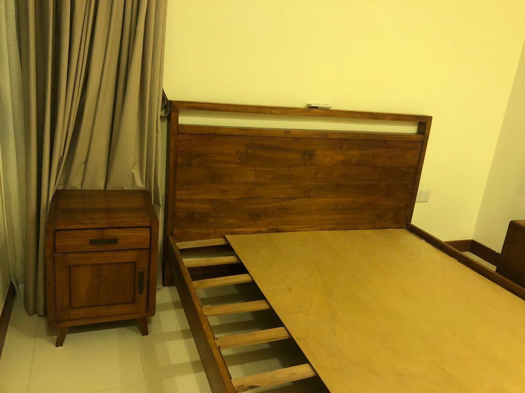 Queen size solid wood bed frame with two bedside drawers, Furniture
