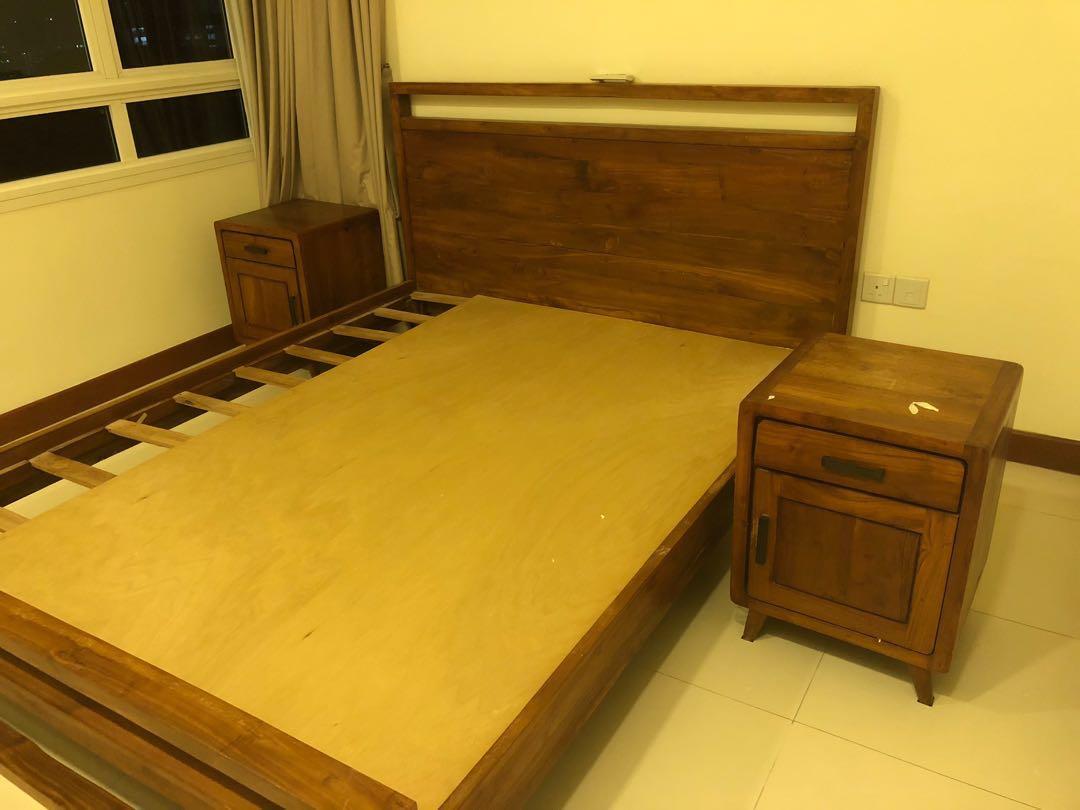 Queen size solid wood bed frame with two bedside drawers, Furniture