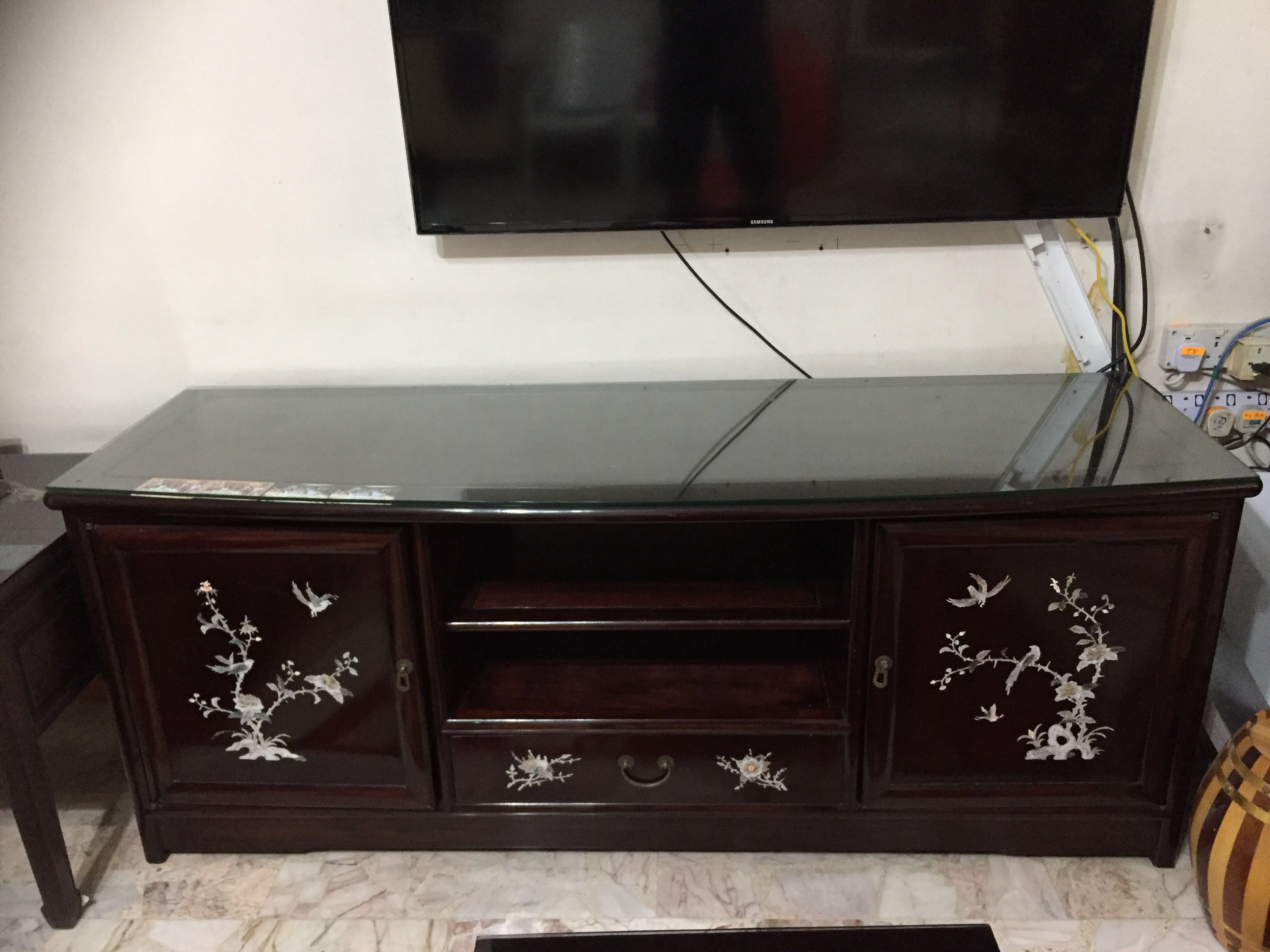 Used Rosewood Tv Console Side Tables And Sofa Set For Sale