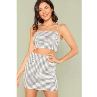 Grid Print Zip Back Cami Topo with Skirt White Two Piece Set