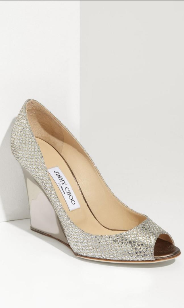 800 Authentic 36 Jimmy Choo Bridal Baxen Champagne Gold wedding glitter wedges
