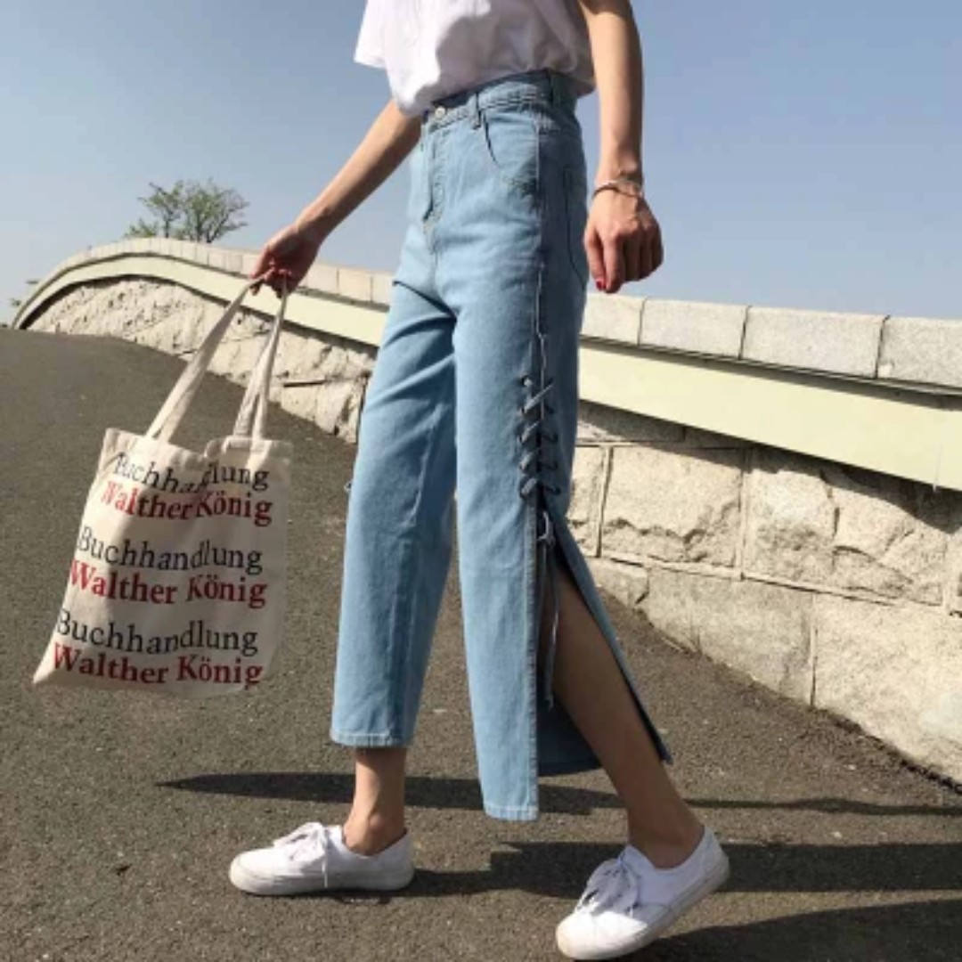 Denim Blue Coloured With Side Slit Crossed Shoelace Tie Culottes Jeans Women S Fashion Clothes Pants Jeans Shorts On Carousell