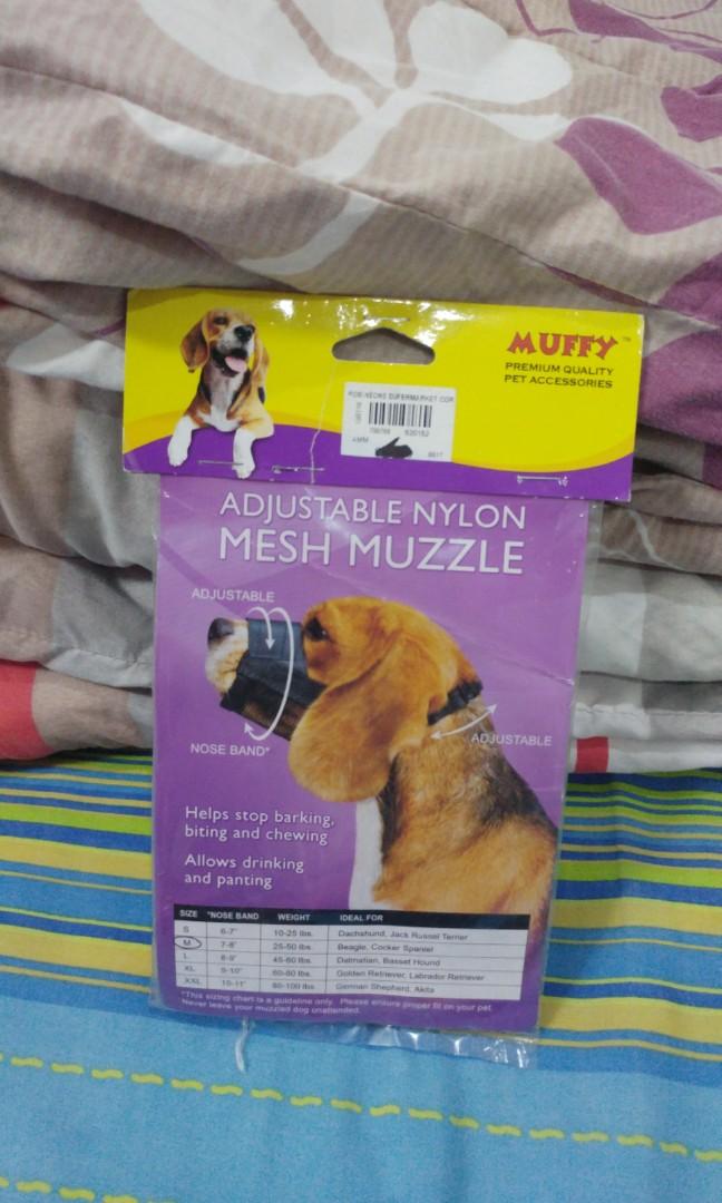 Muffy Adjustable Nylon Mesh Dog Muzzle (Category: Homes & Other Pet Accessories) located in Quezon City. Submitted by keekaikeekoi (Listing ID 197128210, Image 2). Description: Size Medium (refer to last photo for exact measurements) Velcro adjustment on muzzle Adjustable clip lock RFS: did not fit my Chow Chow.