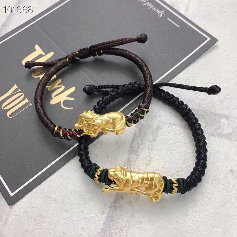24K 999 Gold Lion or Tiger Charm With Handmade String Bracelet