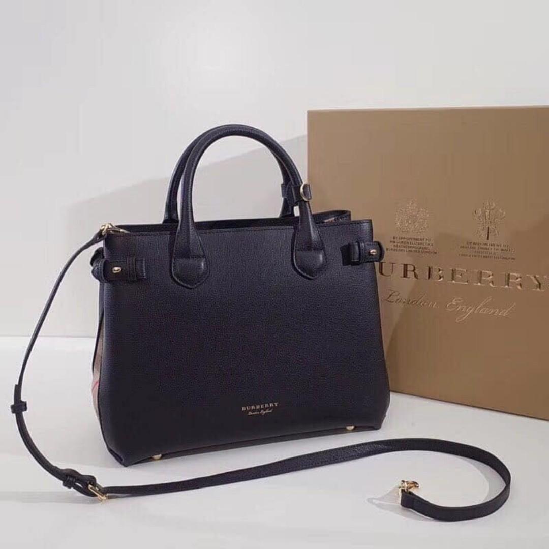 medium check detail leather tote bag