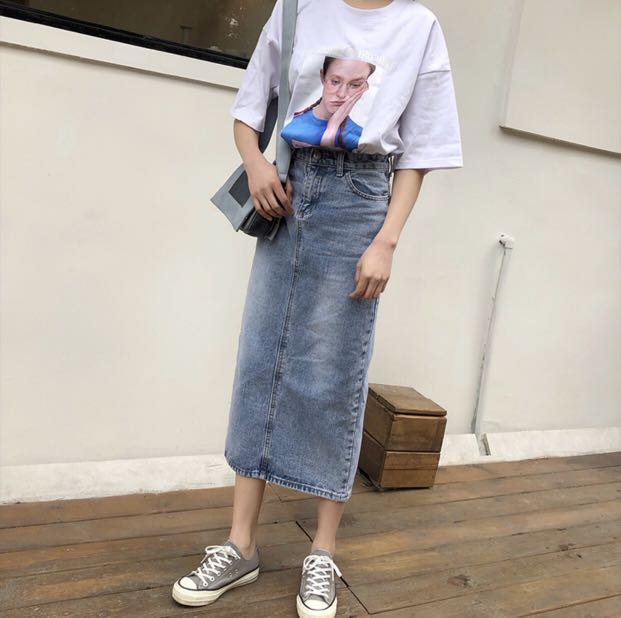 acid wash midi skirt