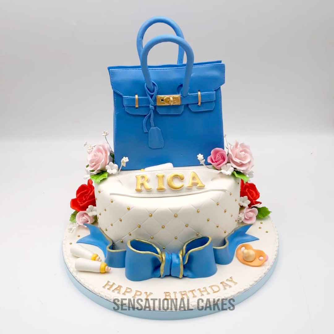 Designer Luxury Bag Blue Color With Flower Design Theme Birthday
