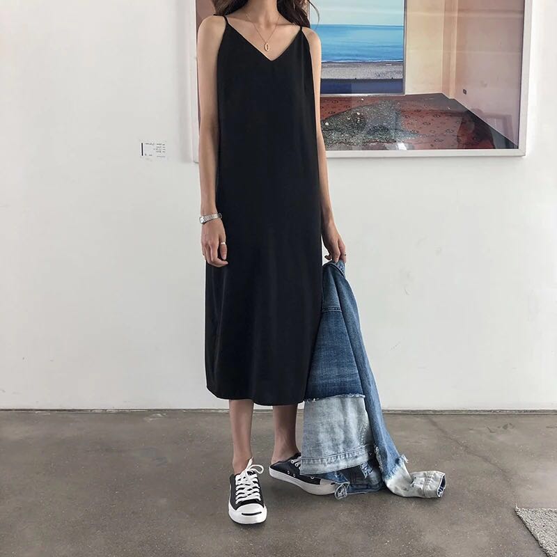 Black Slip On Dress Maxi V Neck Straight Long Ulzzang Dress Korean Loose Slim Plain Simple Basic Dress Office Work For Ladies Women Woman Girl Dress Casual Tem Tcl Women S Fashion Clothes Dresses