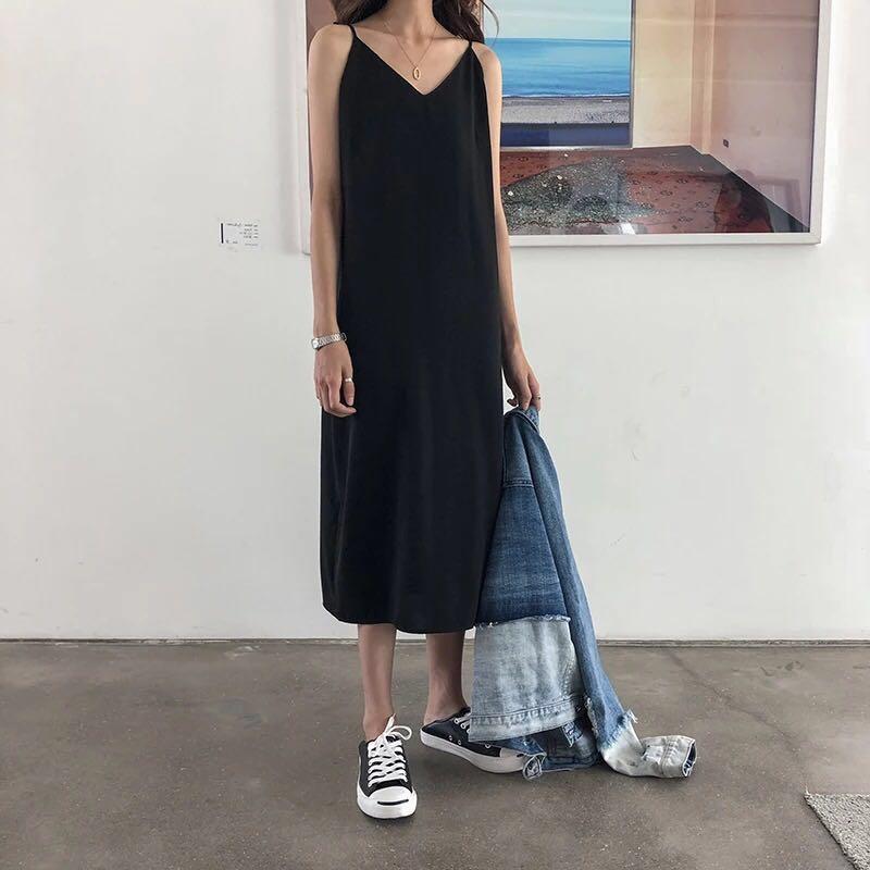 loose black slip dress