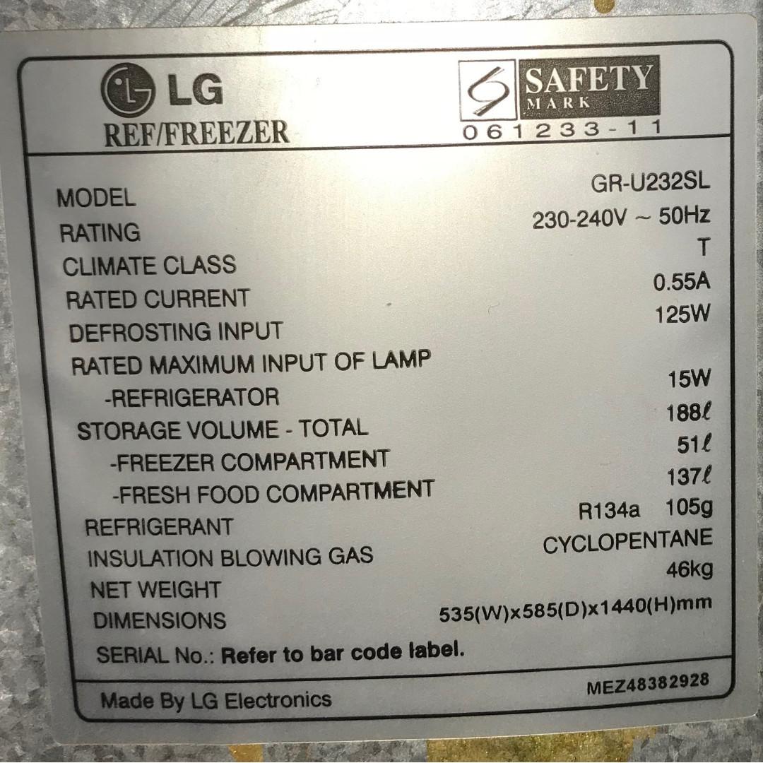 LG Fridge in excellent working condition. Model GRU232SL Rating 150W