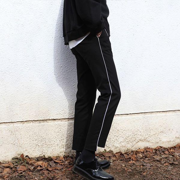 Side Stripe Black Formal Asymetrical Hem Cut Pants Trousers