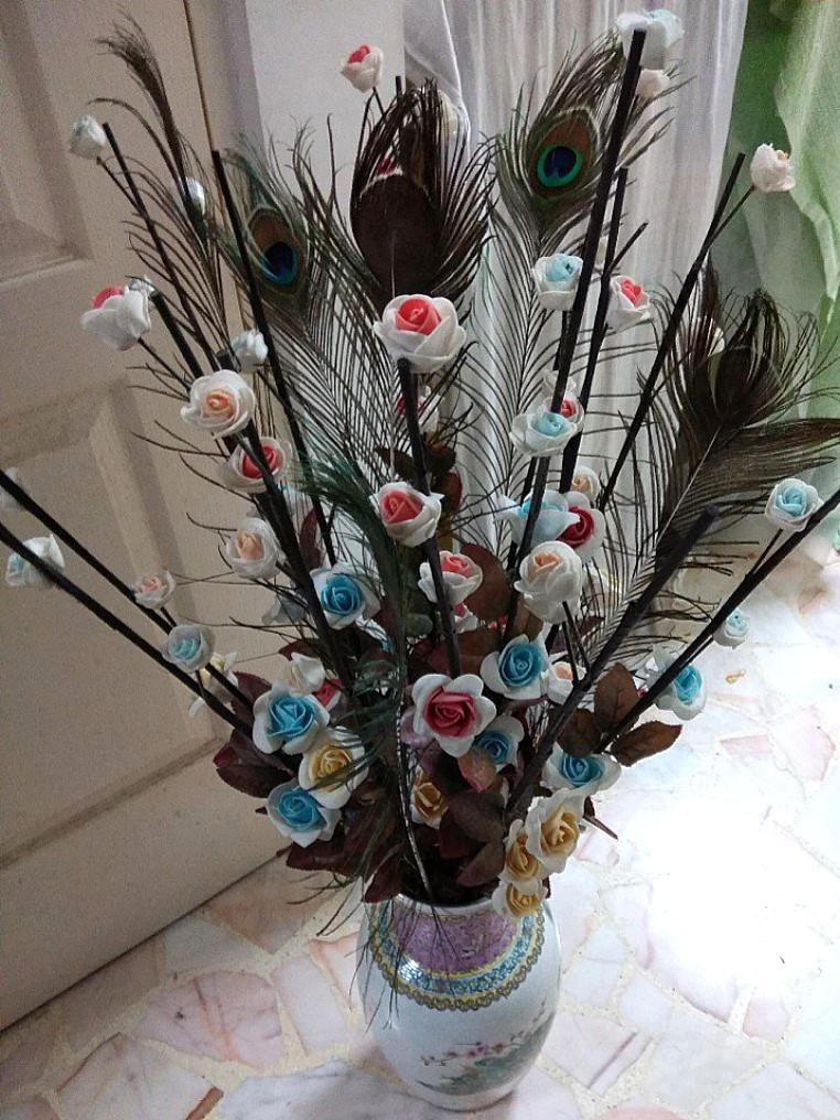Oriental Vase With Beautiful Flowers Peacock Feathers Gardening