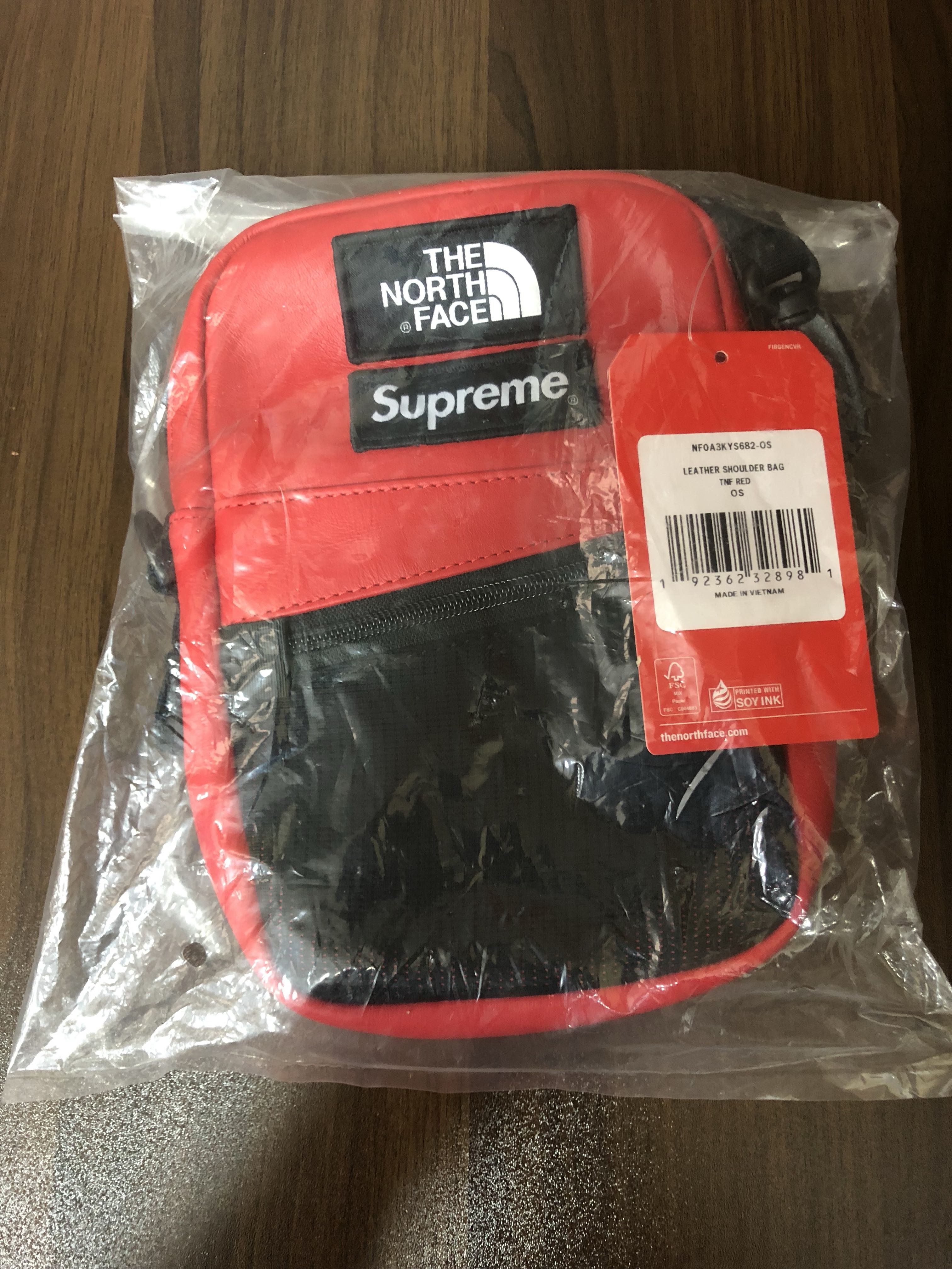 supreme the north face leather shoulder bag red