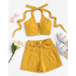 Solid Halter Top with Tie Waist Shorts Two Piece Sets Mustard