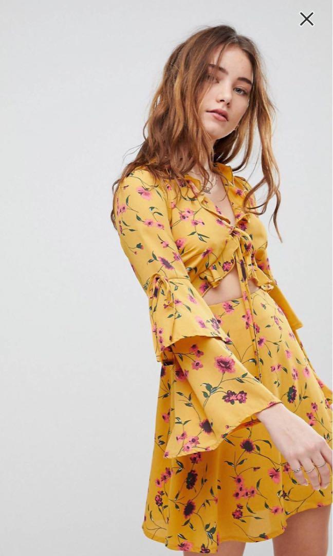 ASOS GLAMOROUS TEA DRESS WITH CUT OUT FLORAL PRINT IN MUSTARD YELLOW Women s Fashion Tops Sleeveless on Carousell