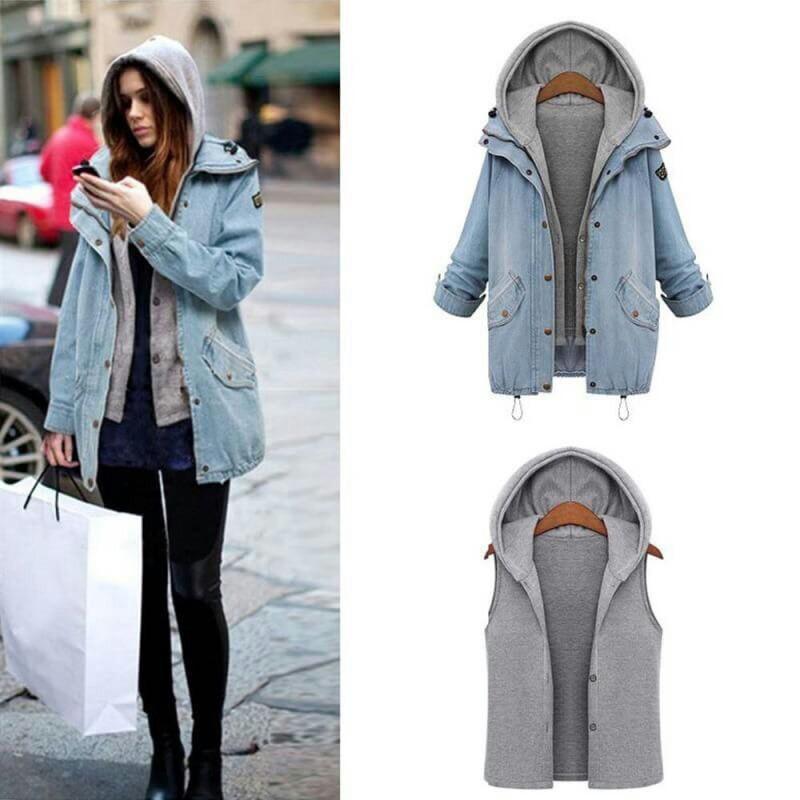 denim jacket with grey hoodie womens