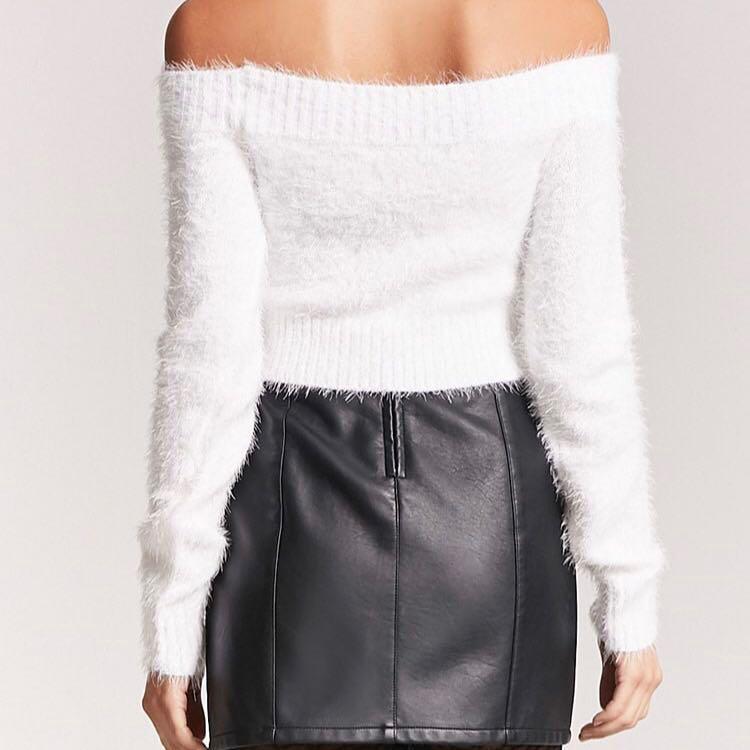 forever 21 white fuzzy knit sweater off the shoulder top
