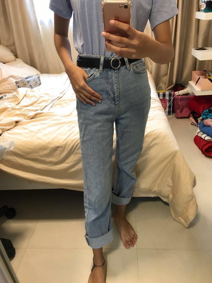 bleach raw hem straight leg jeans