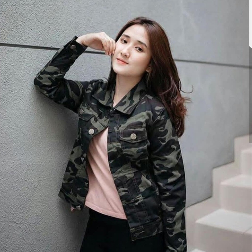 Iv Jaket Flage Jeans Motif Army Dark Fesyen Wanita Pakaian