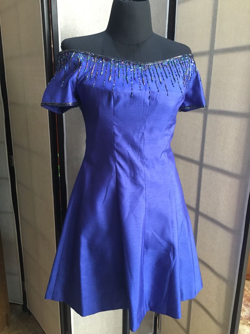blue off the shoulder cocktail dress