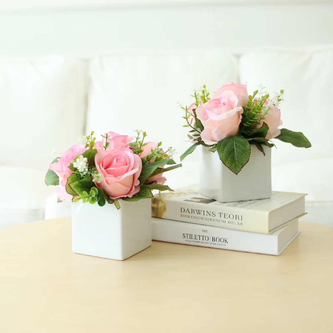 Silk Flowers Arrangement Roses In Square Vase, Furniture & Home Living