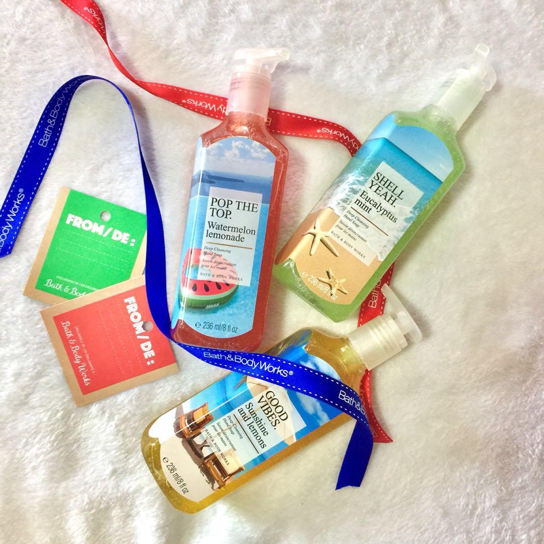 Bath and Body Works Bundle (Category: Bath) located in Las Pinas. Submitted by mbisl (Listing ID 197751112, Image 3). Description: Bath and Body Works Any 3 for only 1000!! Sold individually for 350 (Hand soap) and 400 (body cream) Perfect as gifts for the holidays! Gentle Foaming Hand Soap: Kitchen Lemon Vanilla Cone Deep Cleansing Hand Soap: Black Cherry Merlot Board Walk Vanilla Cone Pop The Top Watermelon Lemonade Seas The Day Lakeside Aftern