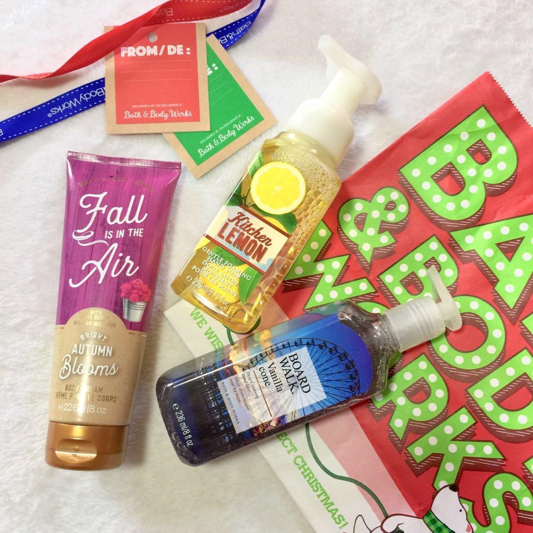 Bath and Body Works Bundle (Category: Bath) located in Las Pinas. Submitted by mbisl (Listing ID 197751112, Image 1). Description: Bath and Body Works Any 3 for only 1000!! Sold individually for 350 (Hand soap) and 400 (body cream) Perfect as gifts for the holidays! Gentle Foaming Hand Soap: Kitchen Lemon Vanilla Cone Deep Cleansing Hand Soap: Black Cherry Merlot Board Walk Vanilla Cone Pop The Top Watermelon Lemonade Seas The Day Lakeside Aftern