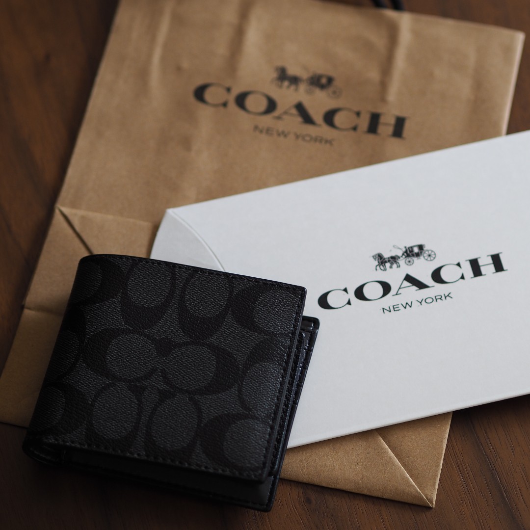 [COACH] Compact Id Wallet in Signature Canvas (Charcoal), .TFIG., Men's