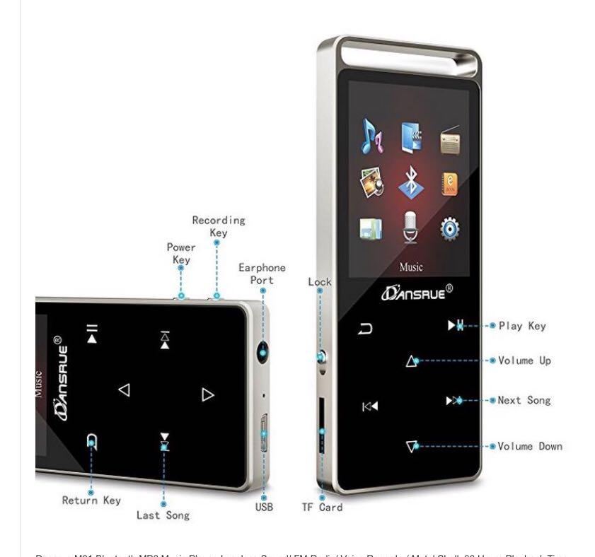 Dansrue M01 Bluetooth MP3 Music Player, Lossless Sound/ FM Radio/ Voice Recorder/ Metal Shell