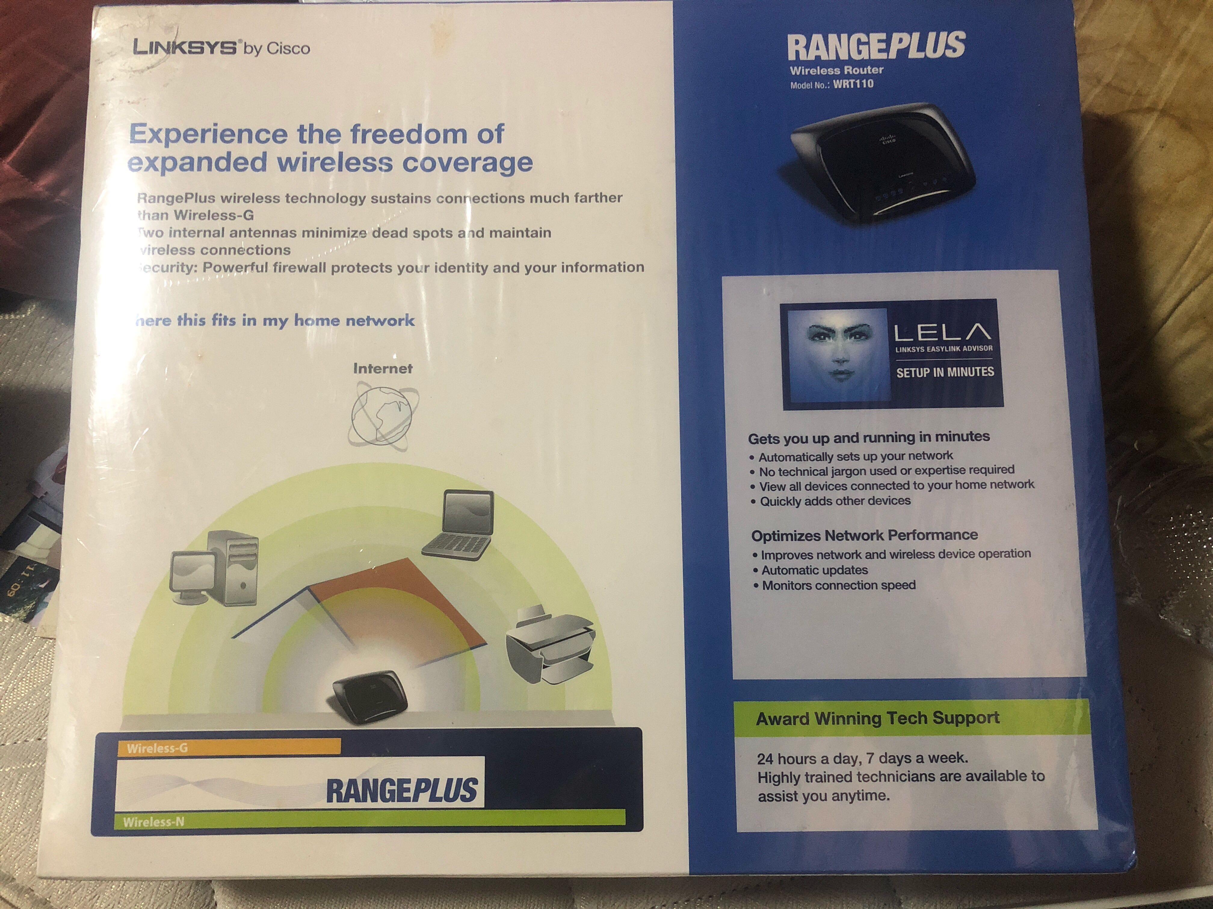 RangePlus Wireless Router (Category: Networking) located in Singapore. Submitted by everythingwithrowan (Listing ID 197721810, Image 1). Description: Wireless router - model no. WRT110 still in good condition, in packaging with plastic seal cover on the box Selling it off because I have another set of the same type. Kindly please take note; - No negotiations - No return - No refund - No exchange .