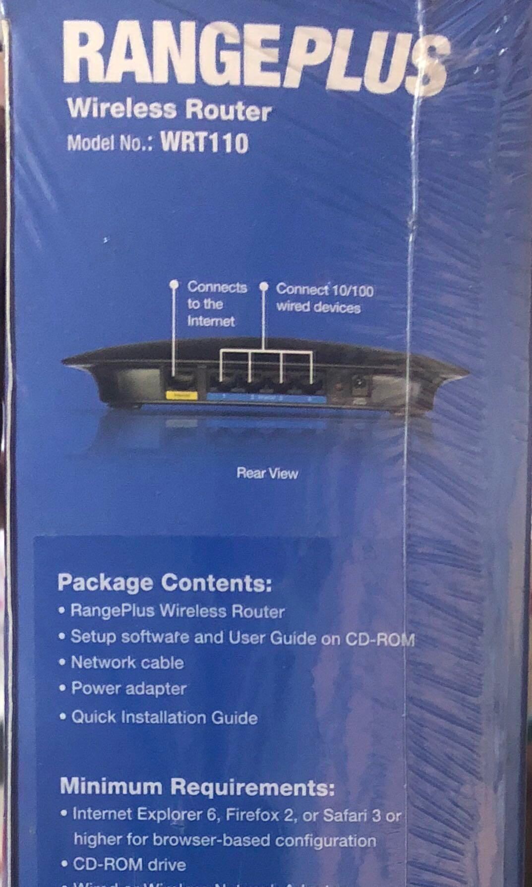 RangePlus Wireless Router (Category: Networking) located in Singapore. Submitted by everythingwithrowan (Listing ID 197721810, Image 3). Description: Wireless router - model no. WRT110 still in good condition, in packaging with plastic seal cover on the box Selling it off because I have another set of the same type. Kindly please take note; - No negotiations - No return - No refund - No exchange .