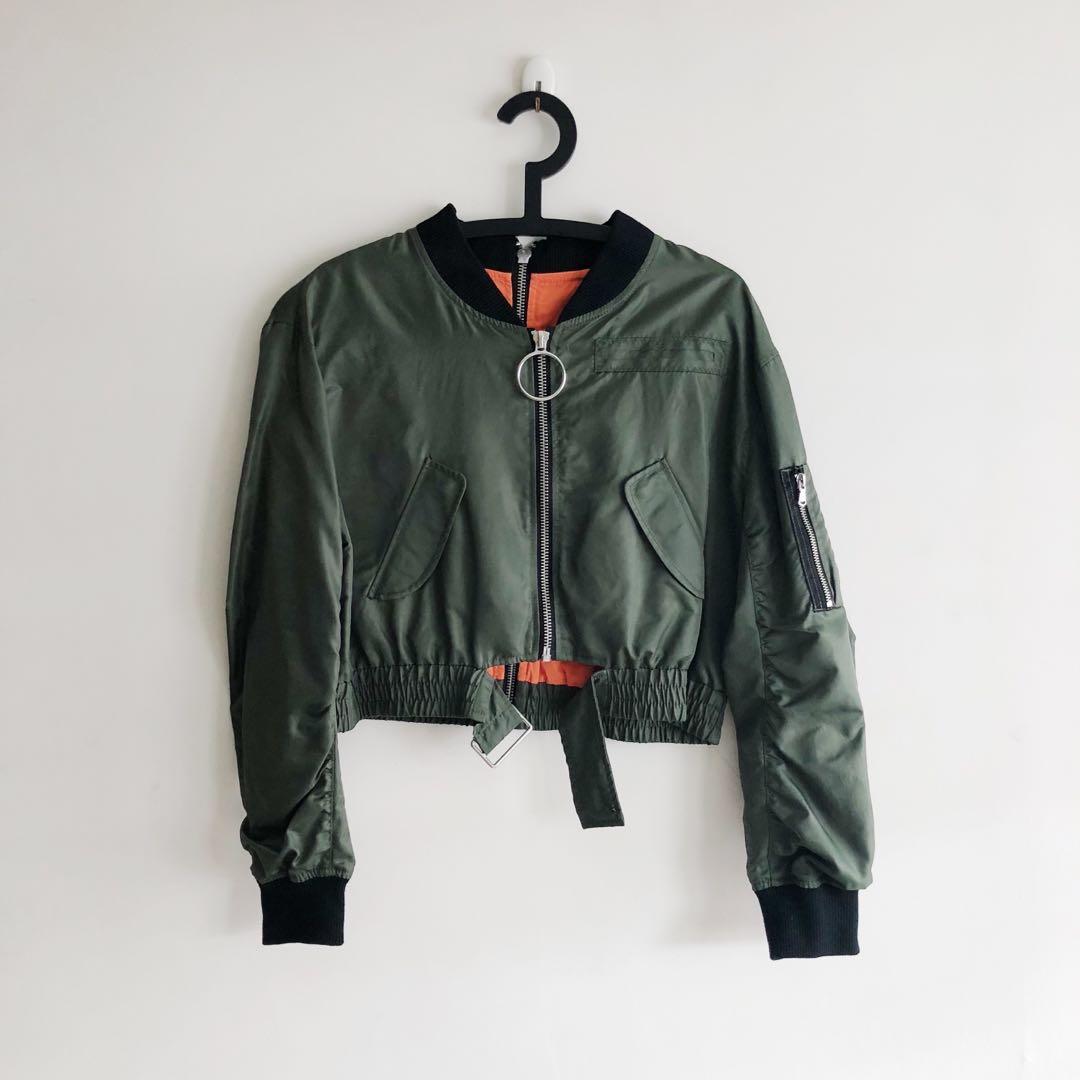 zara green cropped bomber jacket